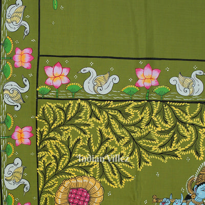 Mehndi Green Krishna Rasa Leela & Lotus Theme Pattachitra Saree