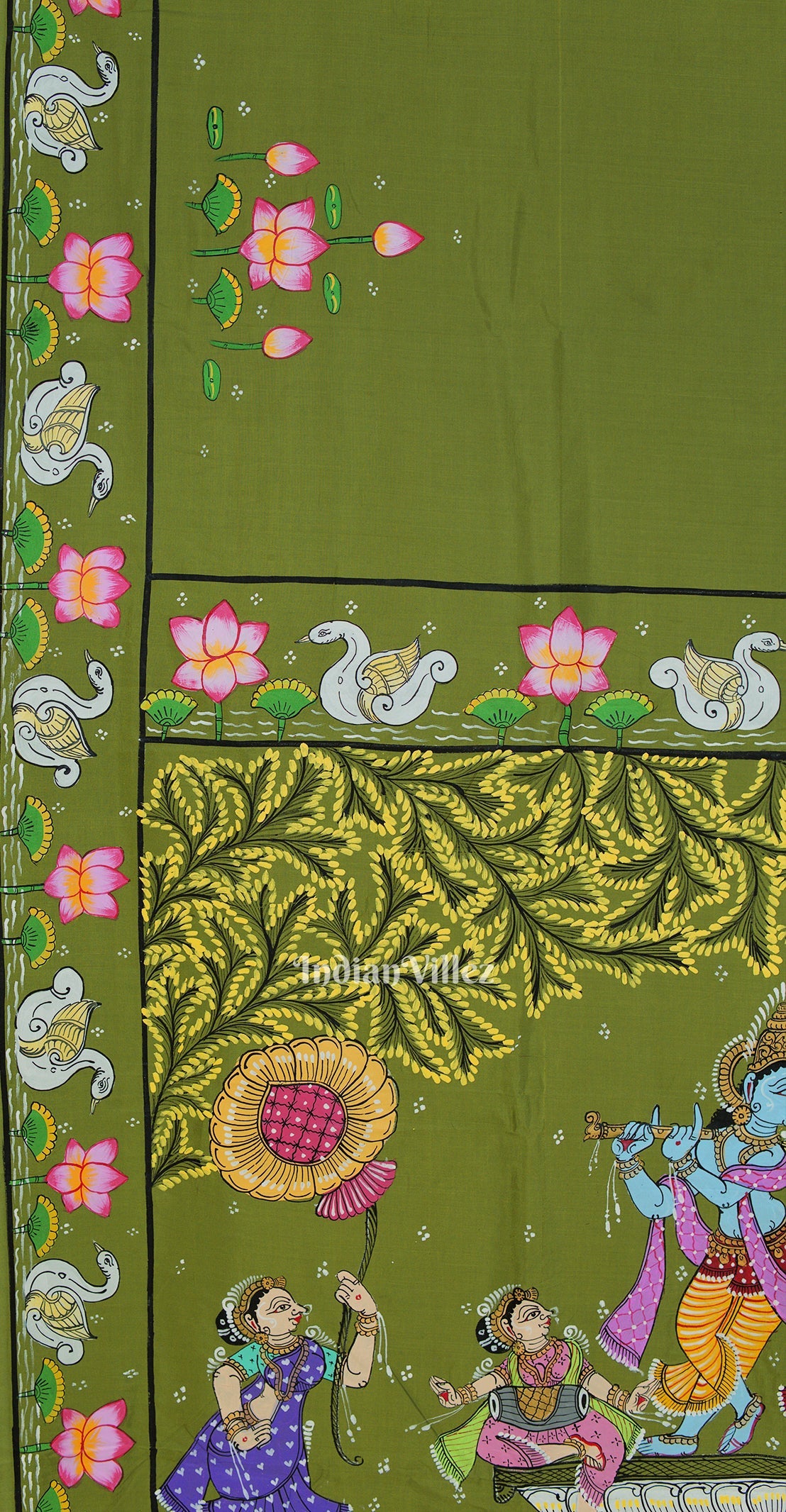 Mehndi Green Krishna Rasa Leela & Lotus Theme Pattachitra Saree