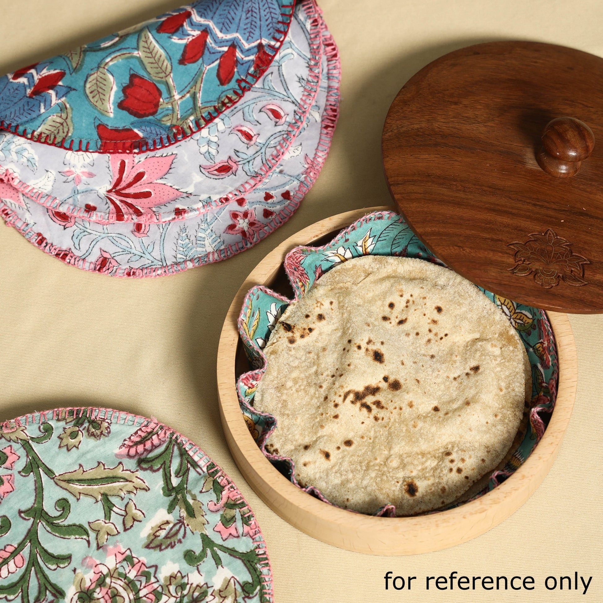 Blue - Floral Block Print Hand Embroidery Roti Napkin  02