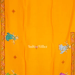 Yellow Krishna Rasa Leela Theme Hand-Painted Pattachitra Saree