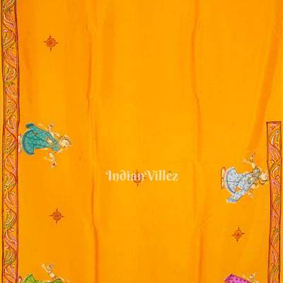 Yellow Krishna Rasa Leela Theme Hand-Painted Pattachitra Saree