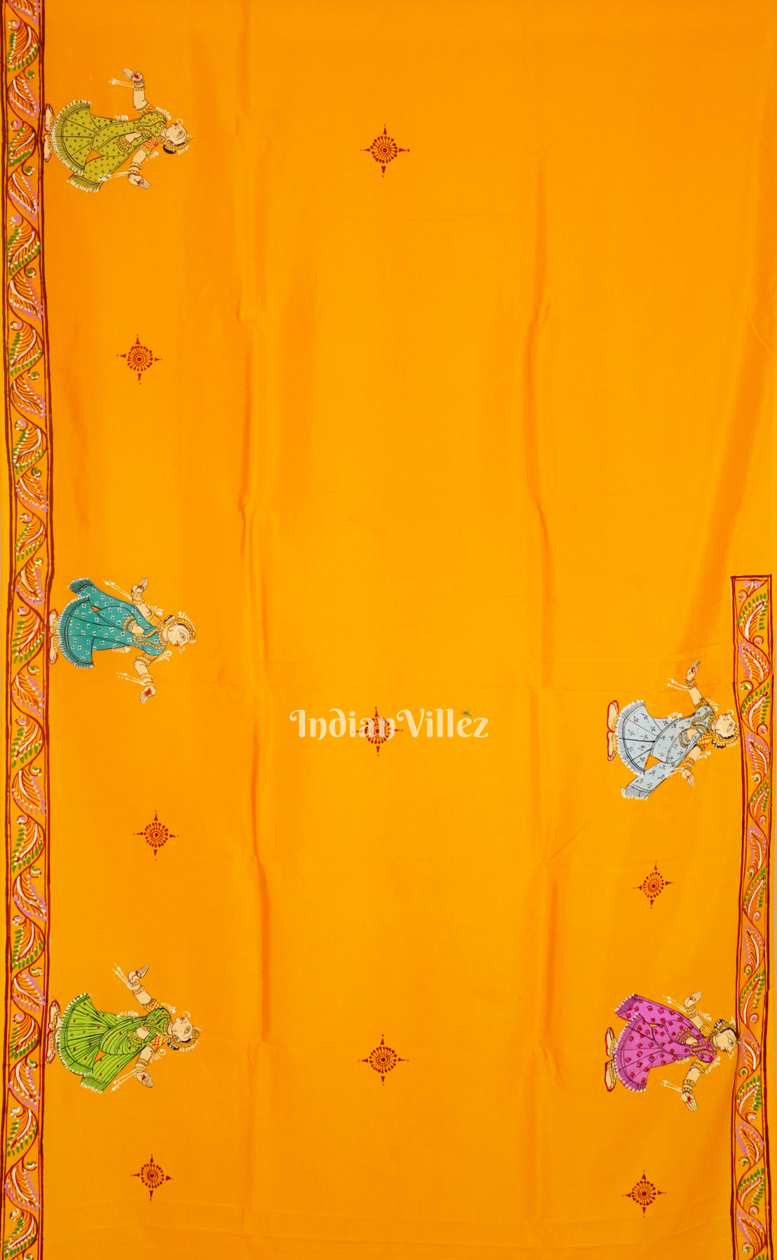 Yellow Krishna Rasa Leela Theme Hand-Painted Pattachitra Saree