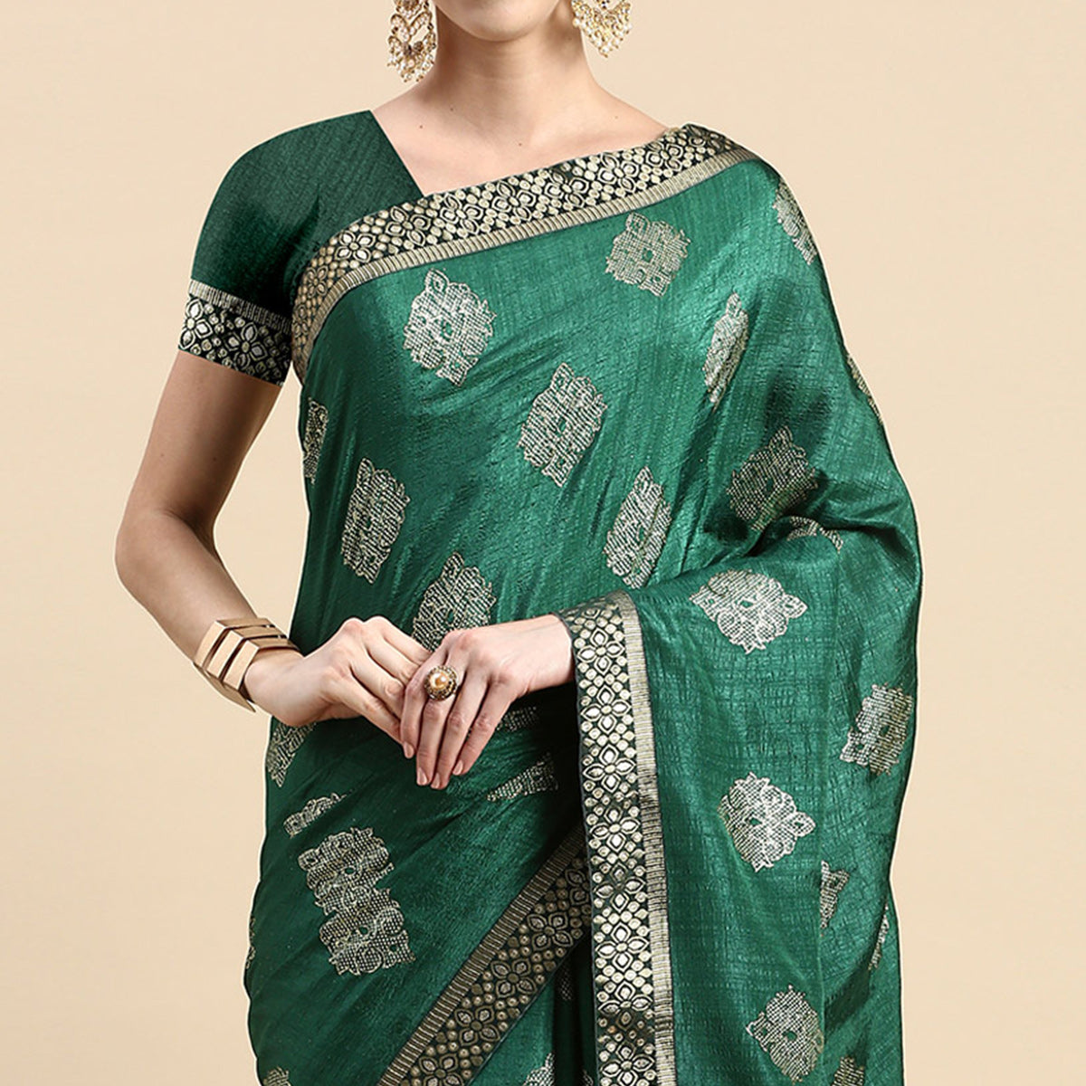 green-floral-foil-printed-vichitra-silk-saree
