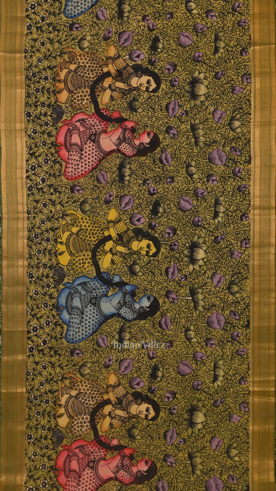 Multicolour Hand-Painted Natural Dye Cotton Kalamkari Saree