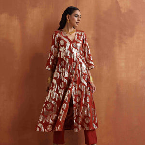 trueBrowns Rust Metallic Angrakha Kurta Set