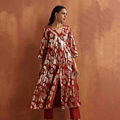 trueBrowns Rust Metallic Angrakha Kurta Set