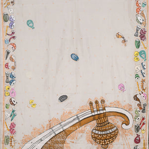 White Sitar Instrument Pattachitra Art Pure Silk Saree