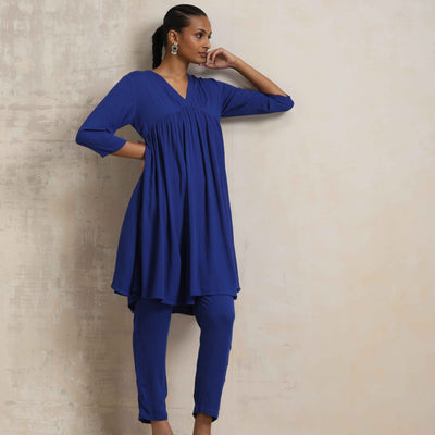 trueBrowns Blue Crinkle Flared Kurta Co-ord Set