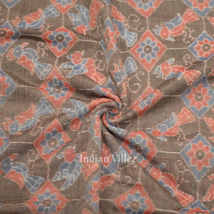 Gray Floral Bird Theme Sambalpuri Odisha Ikat Cotton Fabric