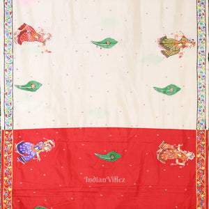 Red White Radha Krishna  Peacock Design Hand-Painted Pattachitra Saree