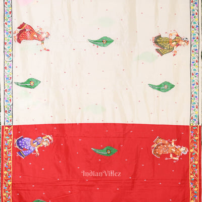 Red White Radha Krishna  Peacock Design Hand-Painted Pattachitra Saree