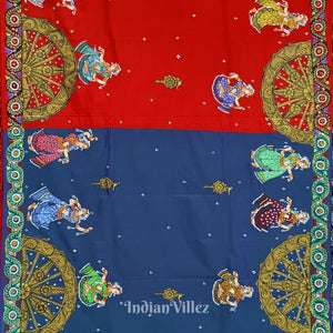 Blue Red Nataki Konark Temple Hand-Painted Pattachitra Saree