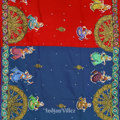 Blue Red Nataki Konark Temple Hand-Painted Pattachitra Saree