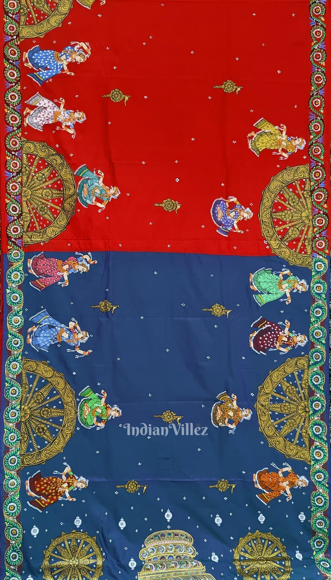 Blue Red Nataki Konark Temple Hand-Painted Pattachitra Saree