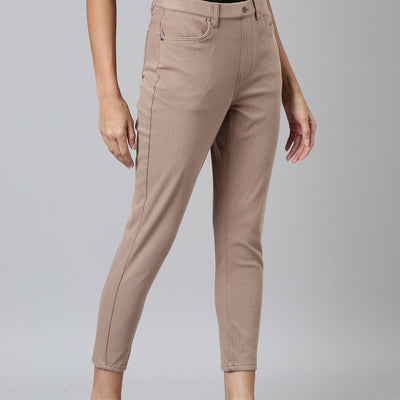 Women Solid Light Chocolate Mid Rise Cropped Jeggings