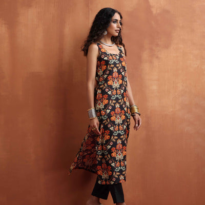 trueBrowns Black Print Straight Kurta Set