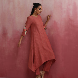 trueBrowns Peach Cotton Dobby Kurta Set