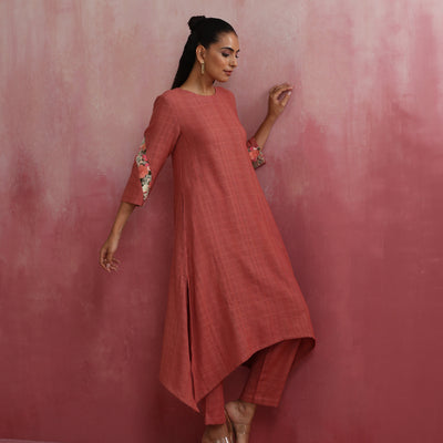 trueBrowns Peach Cotton Dobby Kurta Set