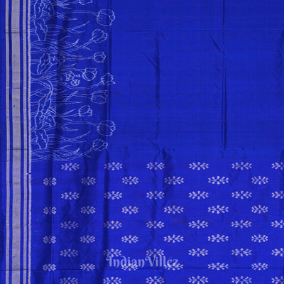 Royal Blue Silver Rose Theme Sambalpuri Silk Saree