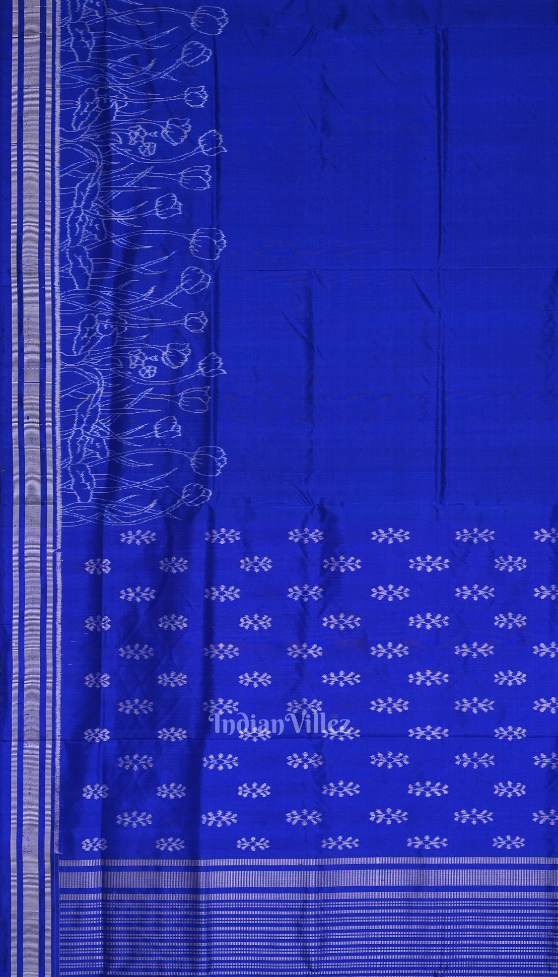 Royal Blue Silver Rose Theme Sambalpuri Silk Saree