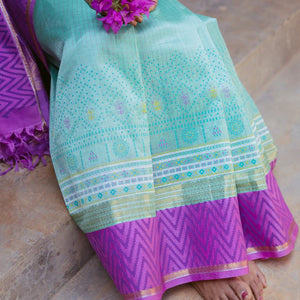 Turquoise Handloom Chirala Silk Cotton Saree With Handknotted traditional motifs above the border