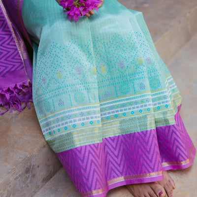 Turquoise Handloom Chirala Silk Cotton Saree With Handknotted traditional motifs above the border