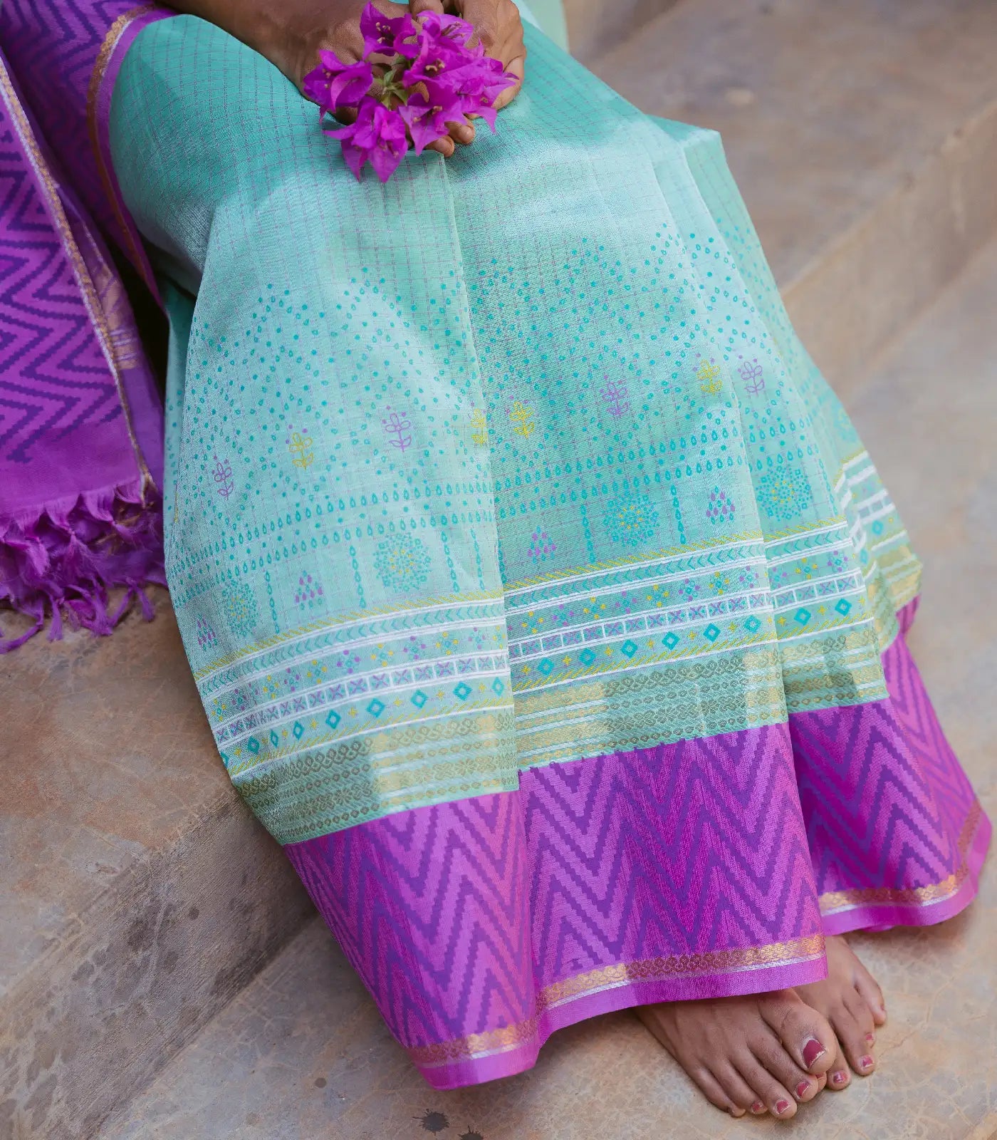 Turquoise Handloom Chirala Silk Cotton Saree With Handknotted traditional motifs above the border