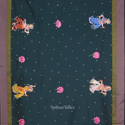 Blue Radha Krishna Raas Leela Hand-Painted Pattachitra Saree