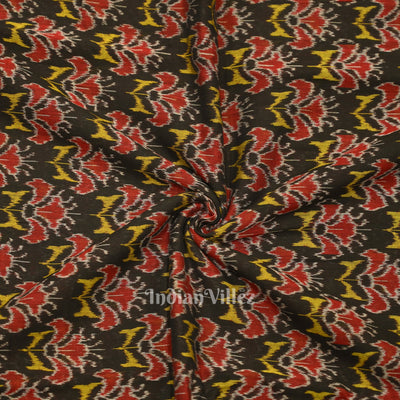 Black Floral Motif Sambalpuri Ikat Cotton Fabric