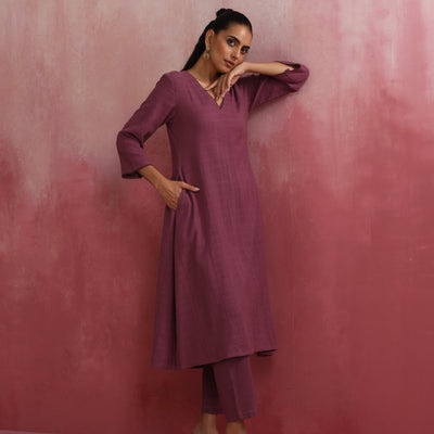 trueBrowns Light Purple Cotton Dobby Flared Kurta Set