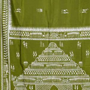 Mehendi Green Tribal Art Konark Temple Hand-Painted Pattachitra Saree