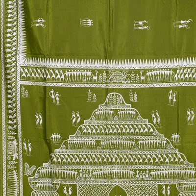 Mehendi Green Tribal Art Konark Temple Hand-Painted Pattachitra Saree
