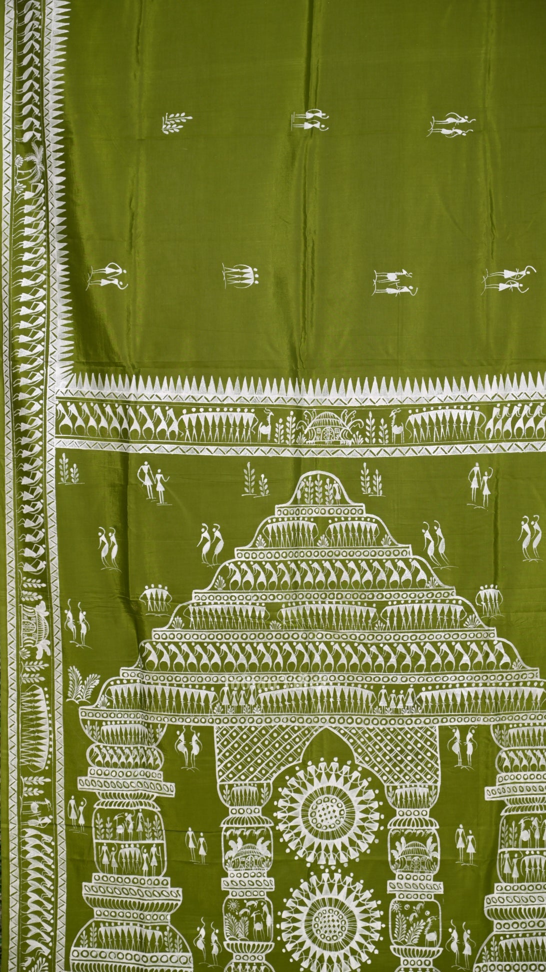 Mehendi Green Tribal Art Konark Temple Hand-Painted Pattachitra Saree