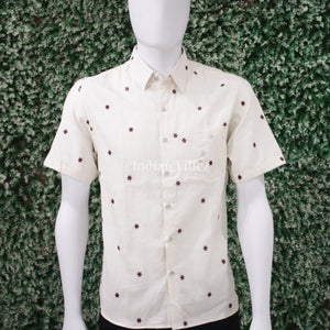 White Odisha Ikat Cotton Half Sleeve Shirt for Men
