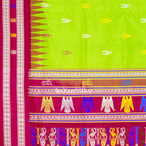 Parrot Green Temple Theme  Sambalpuri Ikat Bomkai Silk Saree