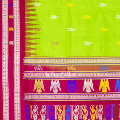 Parrot Green Temple Theme  Sambalpuri Ikat Bomkai Silk Saree