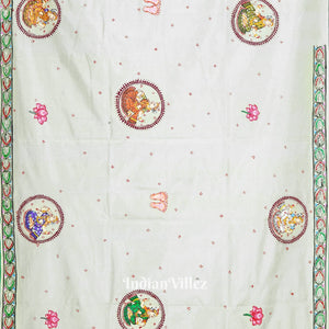 White Manabasa Laxmi Puja Theme Hand-Painted Pattachitra Saree