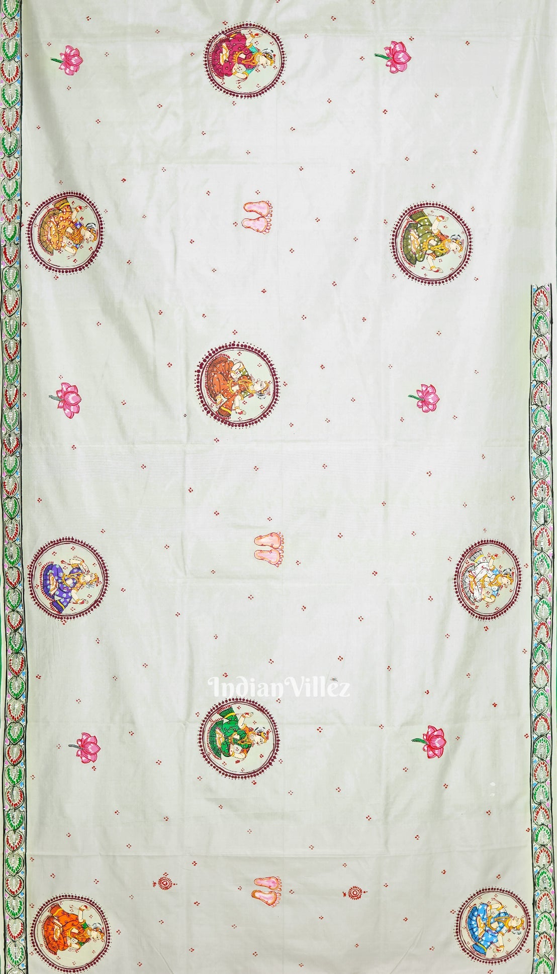 White Manabasa Laxmi Puja Theme Hand-Painted Pattachitra Saree