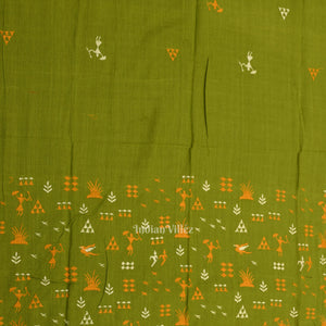 Mehendi Green Yellow Tribal Design  Sambalpuri Cotton Dress set with Dupatta