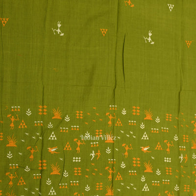 Mehendi Green Yellow Tribal Design  Sambalpuri Cotton Dress set with Dupatta