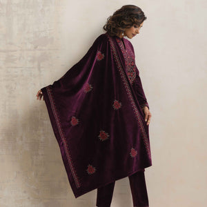 trueBrowns Purple Velvet Floral Embroidered Kurta Pant Dupatta Set