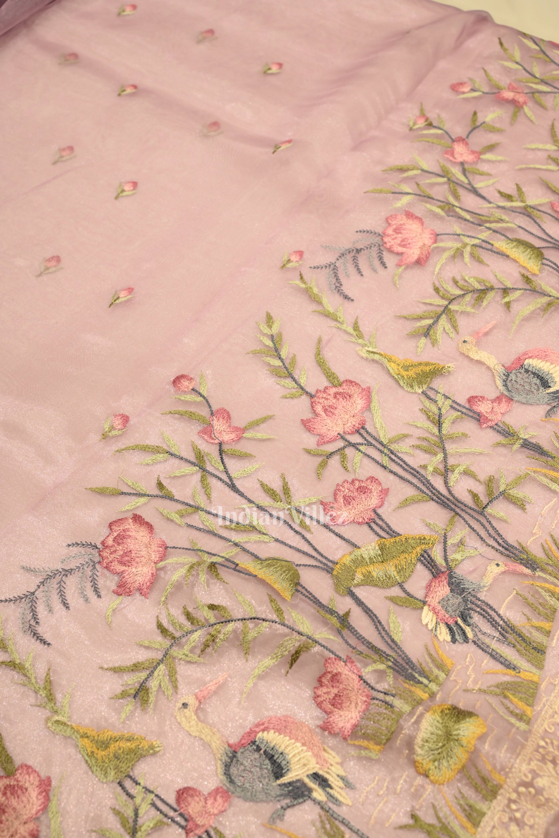 Baby Pink Floral Theme Kora Organza Banarasi Saree