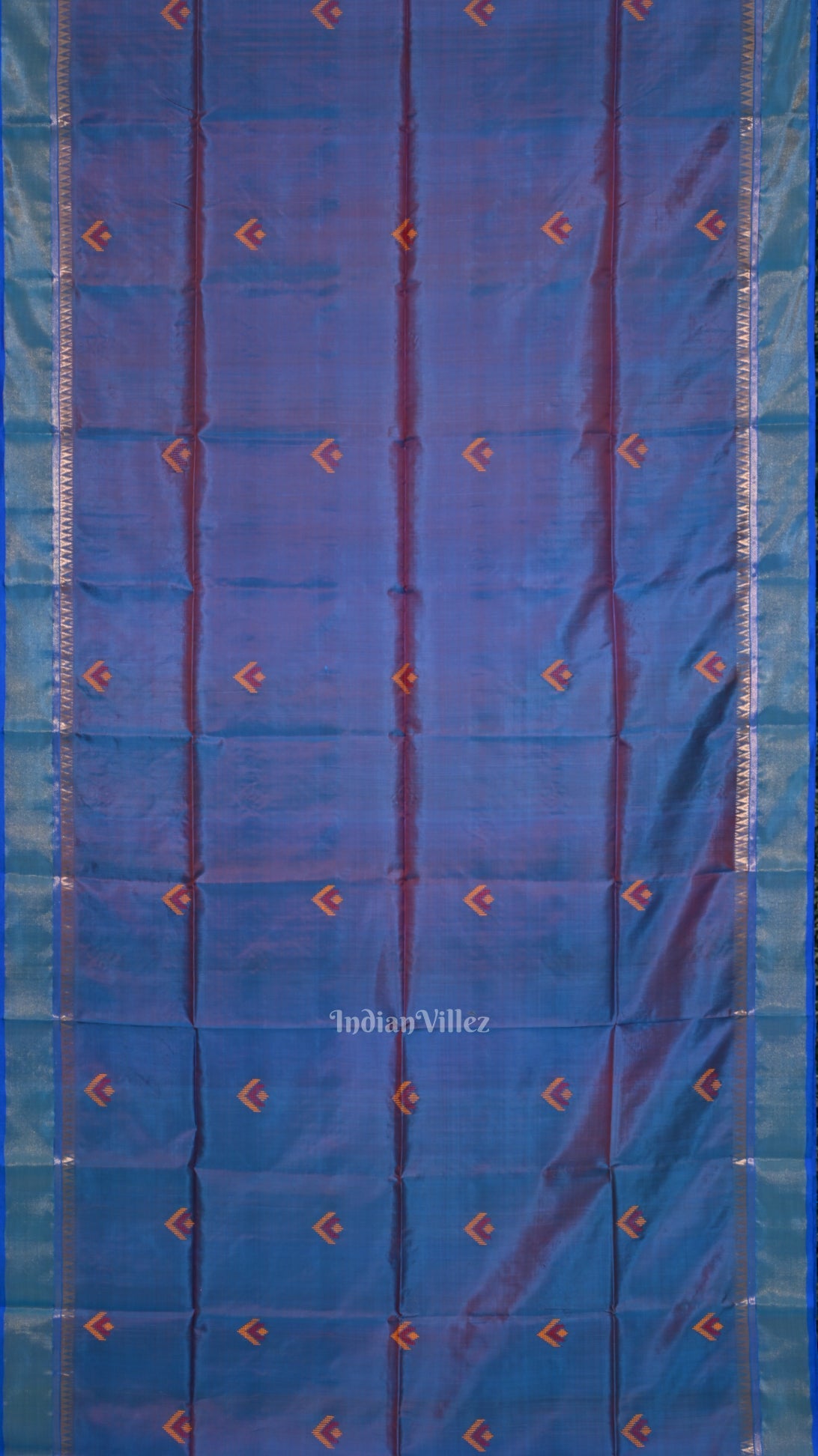 Ocean Blue Red Pure Bishnupuri Silk Saree