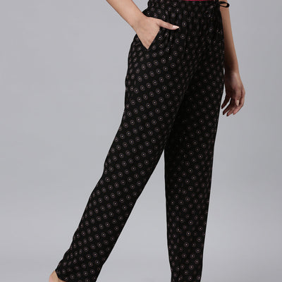 Women Printed Black Woven Viscose Lounge Pants