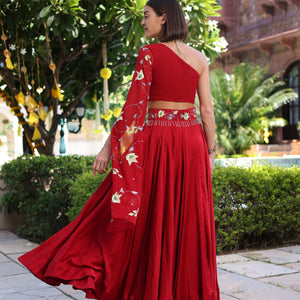 Rutvi Red Handpainted Satin Lehenga Set