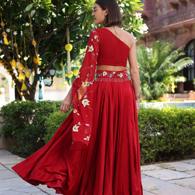 Rutvi Red Handpainted Satin Lehenga Set