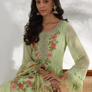 Green Embroidered Organza Straight Suit With Dupatta