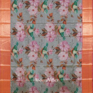 Grey Pink Floral Digital Print Kanjivaram Silk Saree