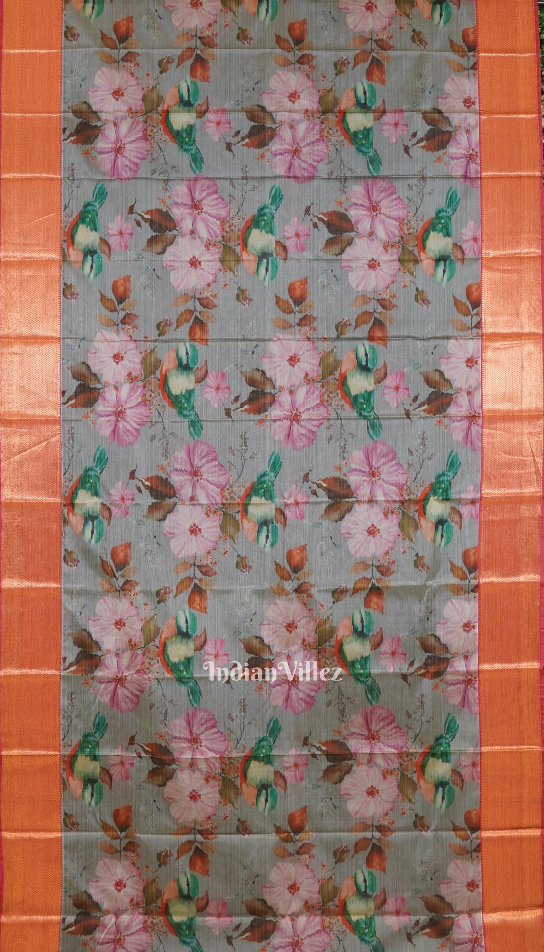 Grey Pink Floral Digital Print Kanjivaram Silk Saree