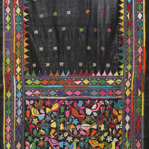 Black Handwoven Kantha Stitch Silk Saree
